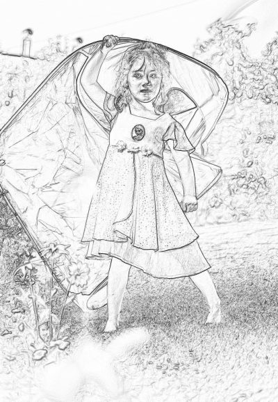 A young girl dressed as Princess Elara, playfully dancing under the sun in her garden with an enchanted blanket over one shoulder. coloring page for girls aged 8 plus. thick lines. low detail black and white no shading