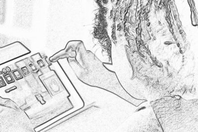 Black and white storyboard sketch of young woman with dreads putting microchips into her phone, wide shot, simple lines, white background, white paper, storyboard style drawing