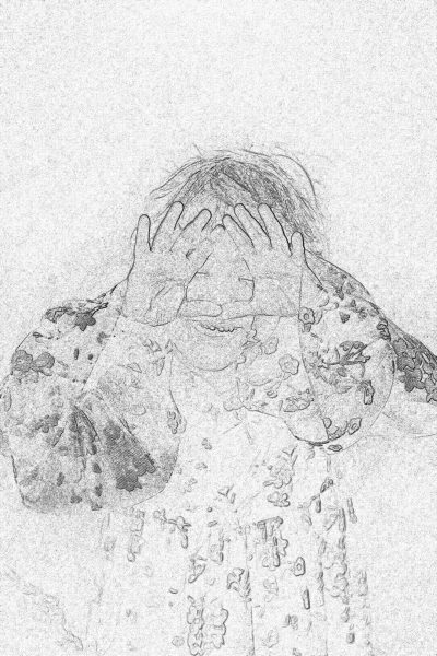 pencil drawing, children's book illustration style, black and white pencil on paper, full body portrait of an overweight woman with her hands covering face, background is textured paper