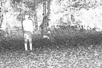 A child playing on the playground, in the style of a hand drawn style, black and white line drawing, with simple lines, as a children's illustration, in a cartoon character design, with the background in a forest park, as a wide angle shot, from a top view, with high resolution, with high detail, with super fine details, with sharp focus, with intricate details, as a full body portrait, in low light like a Dresden panorama.