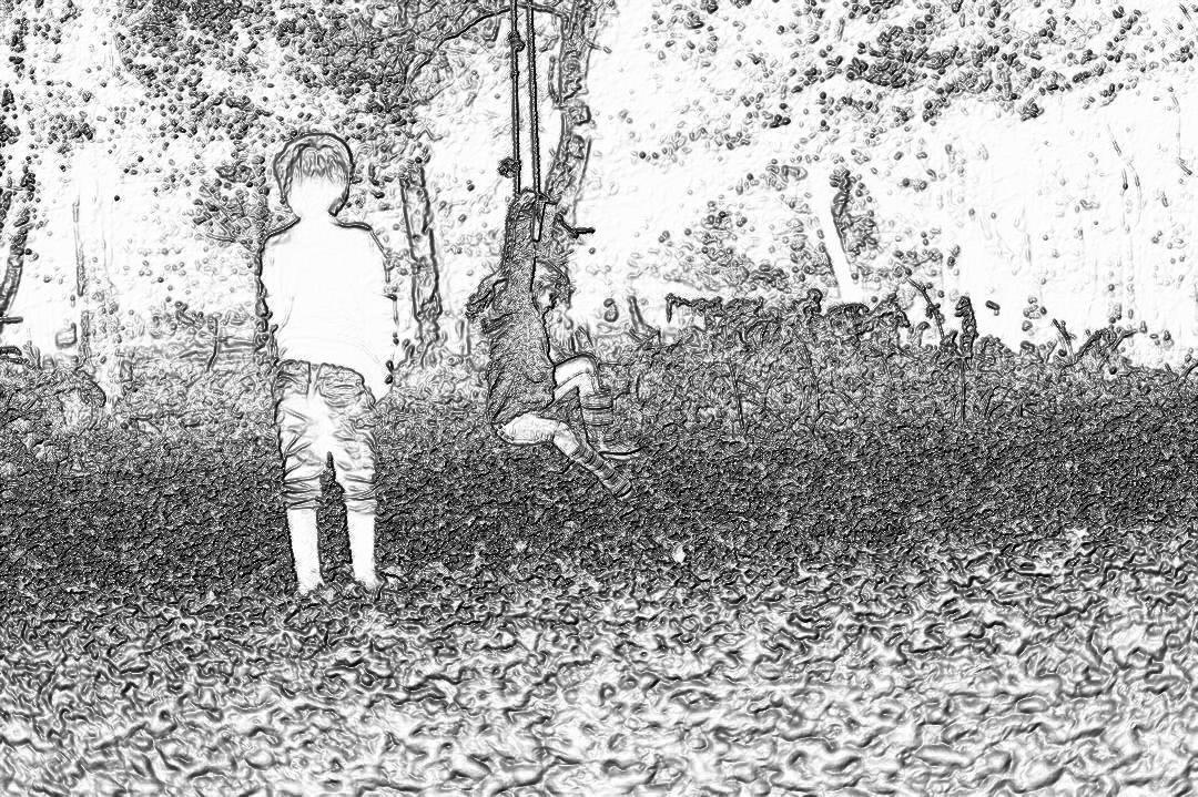 A child playing on the playground, in the style of a hand drawn style, black and white line drawing, with simple lines, as a children’s illustration, in a cartoon character design, with the background in a forest park, as a wide angle shot, from a top view, with high resolution, with high detail, with super fine details, with sharp focus, with intricate details, as a full body portrait, in low light like a Dresden panorama.