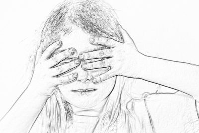 A girl covers her eyes with both hands, in the style of pencil sketch.