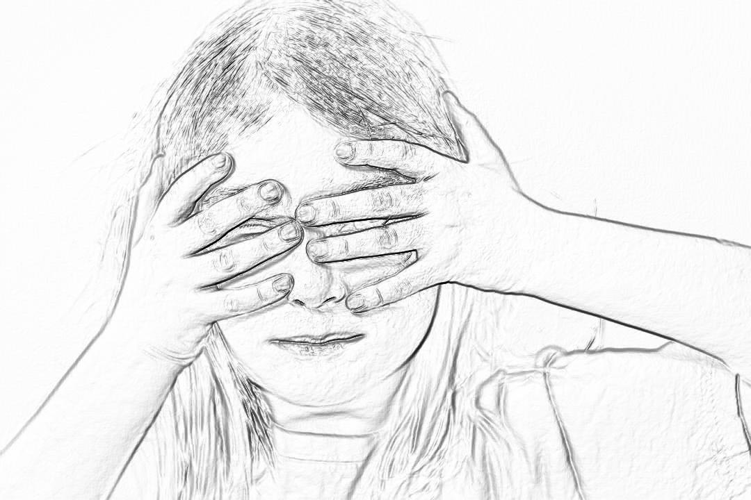 A girl covers her eyes with both hands, in the style of pencil sketch.