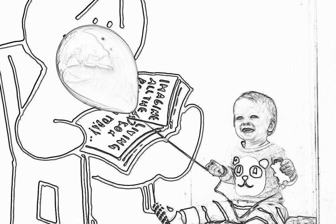 coloring page for kids, baby playing with balloon shaped in the style of an open book, cartoon style, thick lines, low detail, black and white, no shading.