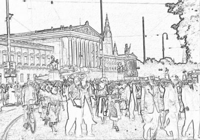 A simple line drawing of the Akscape in Vienna, with people dressed up for St", in the style of [Dorothea Tanning](https://goo.gl/search?artist%20Dorothea%20Tanning), black and white sketching, with the four town hall towers visible in background, crowd on square near river, high resolution, high detail, pencil outline illustration, wide angle shot, full body portrait, in the style of wet plate collodion photography.