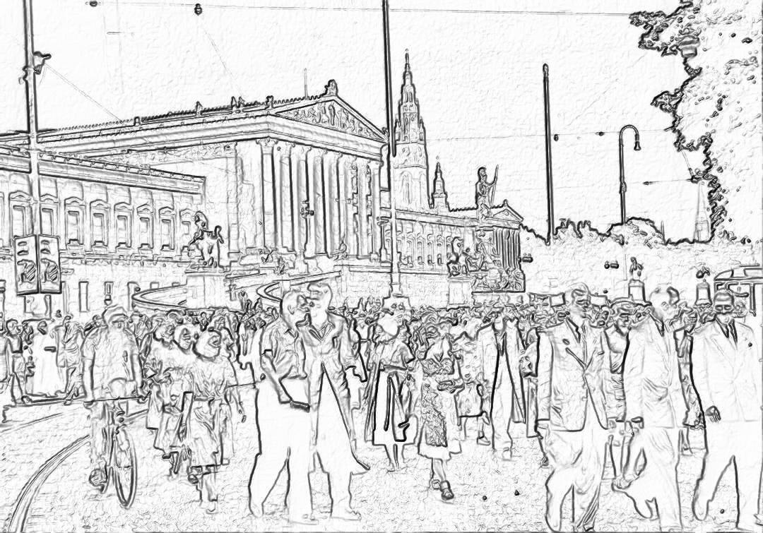 A simple line drawing of the Akscape in Vienna, with people dressed up for St”, in the style of [Dorothea Tanning](https://goo.gl/search?artist%20Dorothea%20Tanning), black and white sketching, with the four town hall towers visible in background, crowd on square near river, high resolution, high detail, pencil outline illustration, wide angle shot, full body portrait, in the style of wet plate collodion photography.