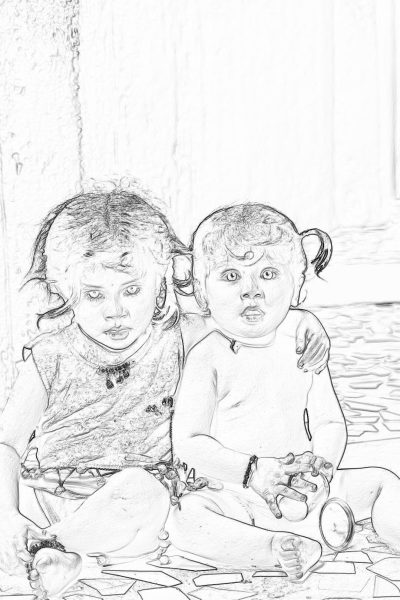 A simple black and white line art sketch of two young children playing together, one with curly hair and the other with short hair, both sitting on the floor surrounded by toys. The background is plain white to emphasize their features. Simple lines without shading or color for easy coloring. High resolution, high quality artwork in the style of a minimalist line drawing.