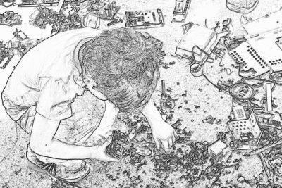 A young boy is playing with his toys on the ground, drawing in pencil style. The toy scene includes various electronic devices and characters from popular video games. He's reaching down to pick up one of these items while sitting at an angle over the pile. In front him lies scattered pieces of different types of tech gadgets. Aerial view. Black ink pen sketch, high contrast, simple lines, flat colors, bold shadows. High resolution, detailed texture.