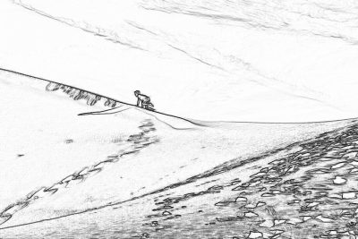 a simple black and white line drawing of two people climbing up the side of snow covered hill, leaving footprints in fresh powder on an early morning sunrise ski tour through pristine alpine meadows. The perspective is from behind them looking down at their trail as they touch each other's shoulders for support while steep slcheckered skis reflects off the thin ice of dawn