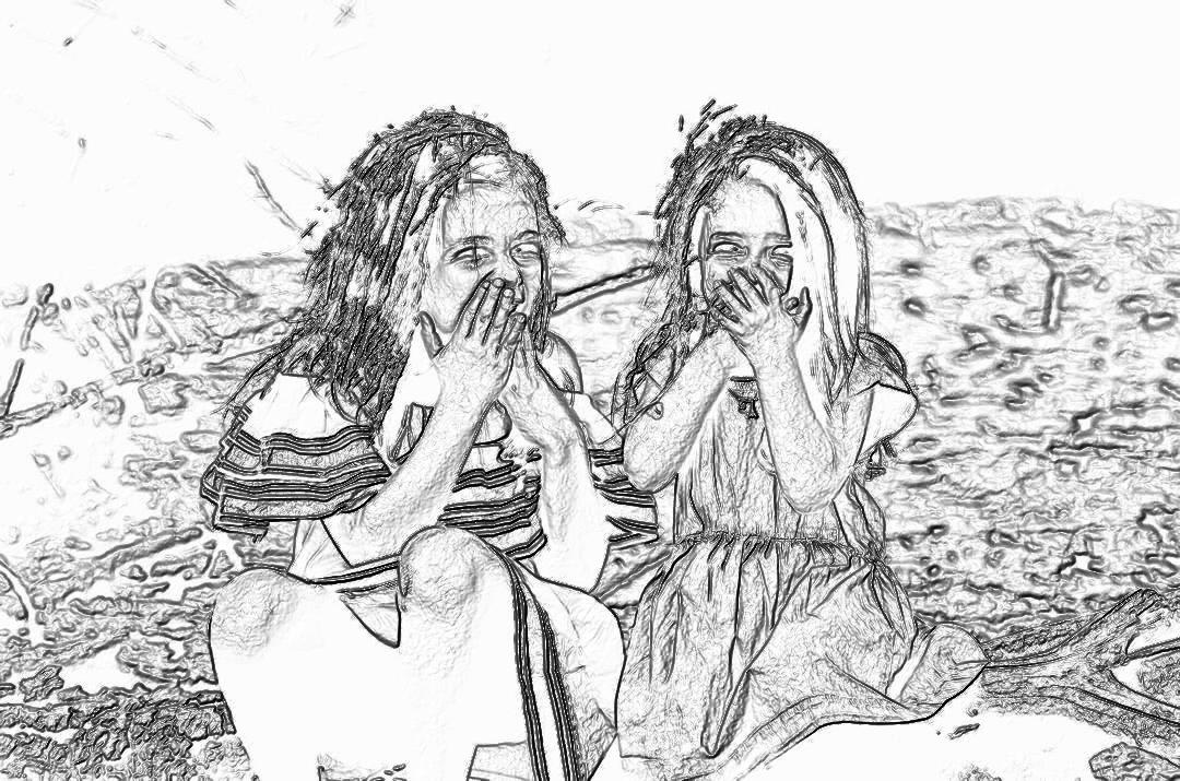 black and white storyboard sketch of two young girls sitting on the beach, laughing out loud covering their mouths with hands , wearing boho