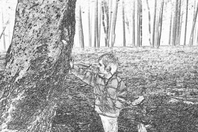 Black and white sketch of a young boy in the woods, standing next to a tree with his hands on the trunk pouring honey into a small bowl hanging from a branch, the forest floor covered in fallen leaves, distant trees creating a dappled light effect, capturing a moment frozen in time, focus on the detailed drawing of the child's face showing excitement for enjoying the natural product. The sketch is in the style of a realistic artist.