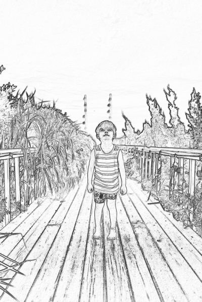 Black and white line sketch of boy standing on wooden bridge with tall grasses in background, wearing striped tank top and shorts. High contrast, simple lines. No color. Sketch has clear outlines of the character's features, body posture, and environment. The composition is symmetrical for balance, focusing on movement and perspective. Background shows detailed textures of greenery around the boardwalk, adding depth to overall scene. In cartoon style. Pixar style.