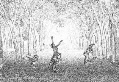 A pencil sketch of children playing in the park, throwing balls and jumping on inflatable toys. The background is a dense forest with tall trees. A black ink drawing on white paper in the style of simple line art with minimal shading for depth. In black and grey tones at a high resolution quality of 30k.