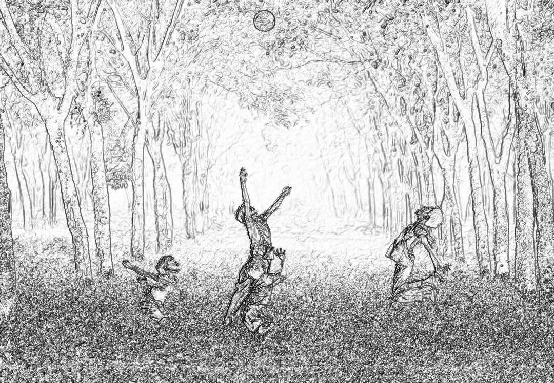 A pencil sketch of children playing in the park, throwing balls and jumping on inflatable toys. The background is a dense forest with tall trees. A black ink drawing on white paper in the style of simple line art with minimal shading for depth. In black and grey tones at a high resolution quality of 30k.