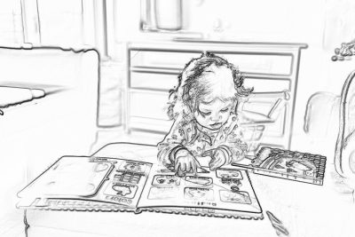 A black and white storyboard sketch of an adorable toddler sitting at the table playing with her color book, surrounded by coloring pages on top of each other in front of them, the room is well lit and cozy, wide shot