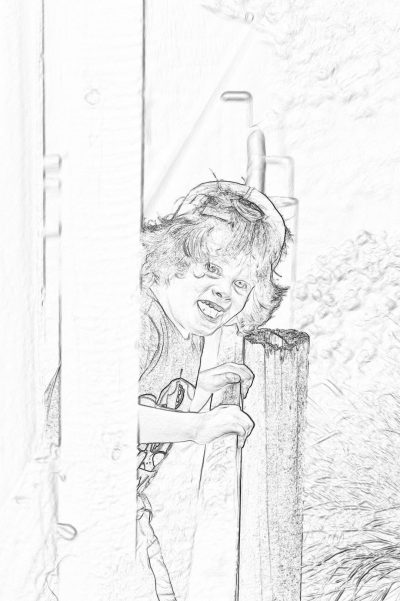 Black and white pencil sketch storyboard of a happy little boy holding onto the edge of an open door, smiling at the camera with his head outside the house as he looks around excitedly. He is wearing long pants and has curly hair, holding onto one side of a wooden post with his hand. The background shows a garden landscape with trees, bushes and flowers. Closeup shot of the child. The sketch is in the line art drawing style.