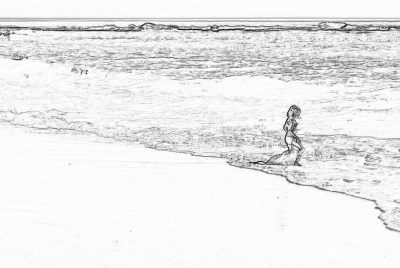 Black and white pencil sketch of the beach, with a mermaid walking on sand in profile view, white background, minimalistic, simple lines, high contrast, wide shot, isolated