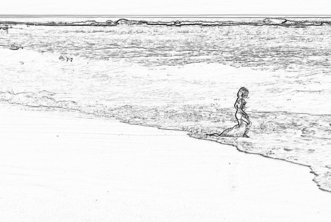 Black and white pencil sketch of the beach, with a mermaid walking on sand in profile view, white background, minimalistic, simple lines, high contrast, wide shot, isolated