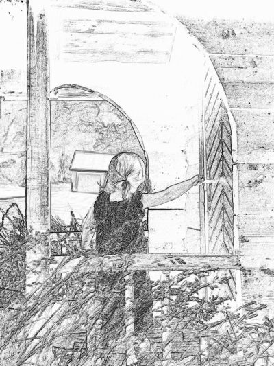 A little girl is painting the inside of an old barn with white paint, she has her back to us and you can see her from behind as well as her hand holding onto one side of a large wooden door that stands open in front of it. The scene takes place on top floor of an ancient stone house surrounded by plants. Sketch style black drawing pencil line art on paper white background