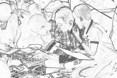 Black and white line drawing of African American boys playing with sports trading cards, lying on the ground surrounded by books filled with money. They appear to be in an open air market setting, capturing their excitement as they shop for baseball cards and card sleeves. The scene is detailed with various items like dollar bills scattered around them, adding depth to the sketch. The focus is on the boys' faces.