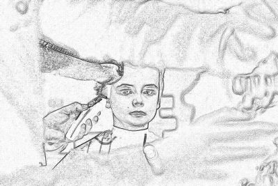 A pencil sketch of an alien woman with her hair being styled in the style of another humanoid, set against the backdrop of a mysterious cave wall. The scene is rendered in black and white for coloring activities. This drawing captures the essence of science fiction and fantasy elements, creating a unique atmosphere. It's perfect as a coloring page for adults looking to be hypnotized into creativity! , colored pencil sketch