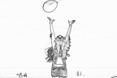 Black and white line drawing of a young woman with long hair, wearing shorts and an open vest top, standing on the beach at high noon reaching up to catch the ball she is about to throw from her hand towards it in midair. The background should be pure white. Her arms have two fingers each raised above head level. She has one leg lifted off the ground. In the far distance, there's a small group of people laughing. No shading or shadows on the paper.