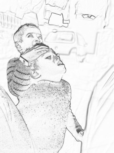 White hair pencil sketch of an African American woman wearing a sweater and scarf, holding up her son on top to look at the camera while sitting in a car seat. A low angle shot from inside the car with a street view visible outside the window. A greyscale coloring page for adults with thick black and white lines, in the style of pencil sketches.