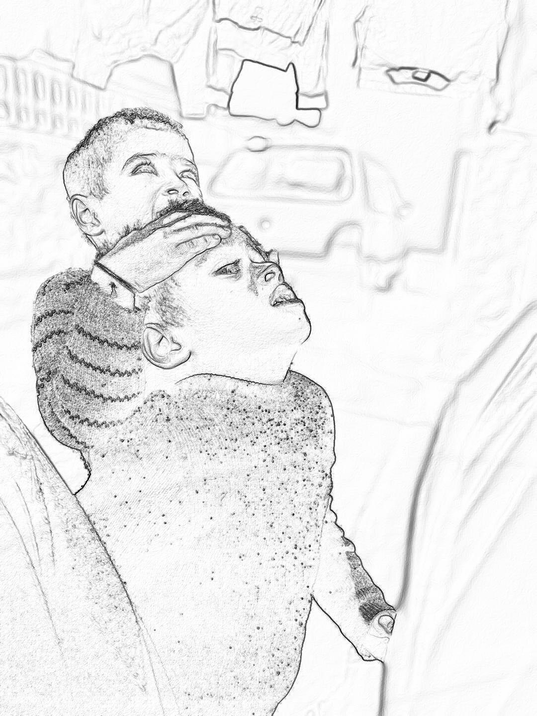 White hair pencil sketch of an African American woman wearing a sweater and scarf, holding up her son on top to look at the camera while sitting in a car seat. A low angle shot from inside the car with a street view visible outside the window. A greyscale coloring page for adults with thick black and white lines, in the style of pencil sketches.