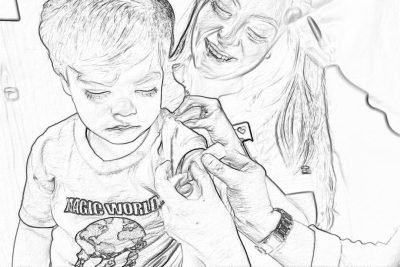 A mother applying ointment to her son's cut, with "M Alarm World" on his tshirt, coloring page for kids in the style of [Johanna Basford](https://goo.gl/search?artist%20Johanna%20Basford), clean line art black and white