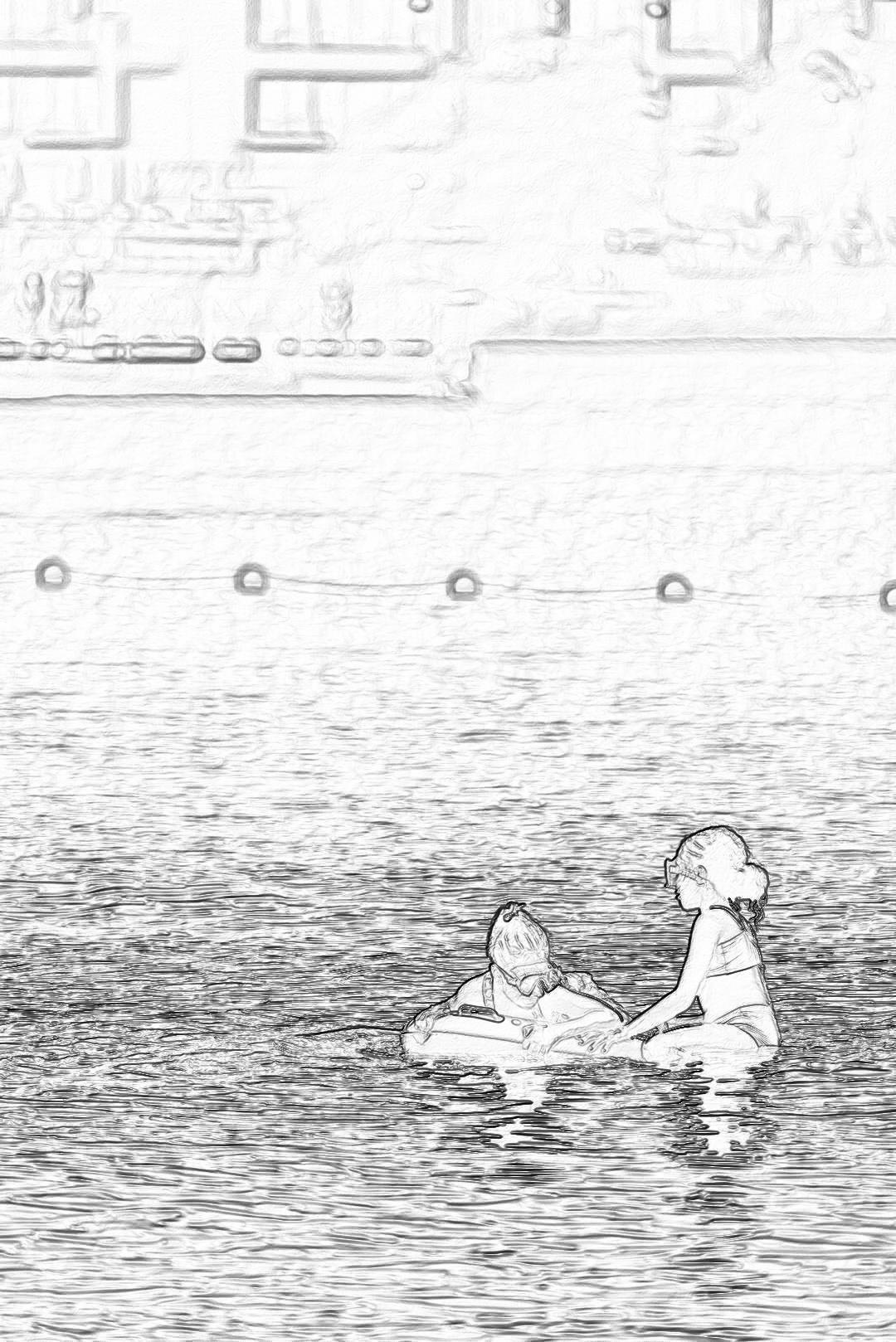 A black and white storyboard sketch of two young children playing in the water at an outdoor pool party, with small floating circular plastic foam birds around them. The background is plain water, and they have their backs to camera sitting on rectangular swimming safety ropes.