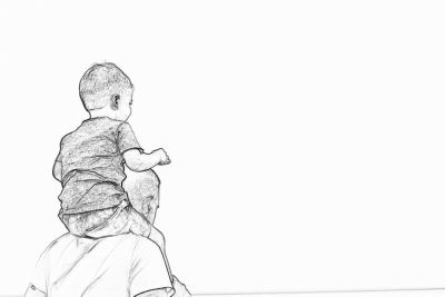 Black and white pencil drawing of toddler sitting on father's shoulders, white background, simple lines, minimalist style, high resolution, high quality, high detail, sharp focus, no blur effect, no text or letters in the picture, no people, only baby boy is visible,