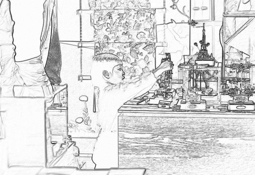 A pencil drawing of an adult in the foreground reaching for items on shelves, with various high-tech tools and laboratory equipment around them, including holographic displays and digital devices. The background is a busy scientific lab setting, with other scientists working in the backdrop. The sketch style uses only black lines with no colors or shading. It is done in the style of a minimalist scientific lab scene.