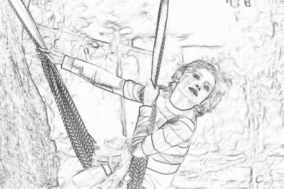 Black and white line sketch of a child playing on bungee jumping equipment, against a colorful background. Close-up shooting with high detail in the style of ultra realism stock photography using natural lighting for a portrait.