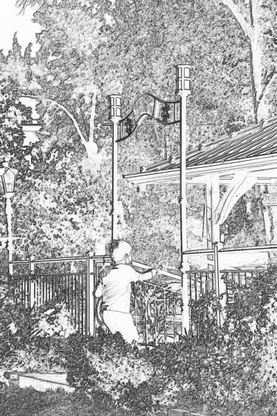 A man is sitting on the edge of an old gazebo in his garden, holding onto two metal pillars and leaning forward to enjoying some grilling meat. The scene includes trees with leaves that block part or all view from behind him, as well as other elements like chairs around it. It's drawn in black ink, focusing more on capturing the moment than showing detailed features. sketchy style. low detail.