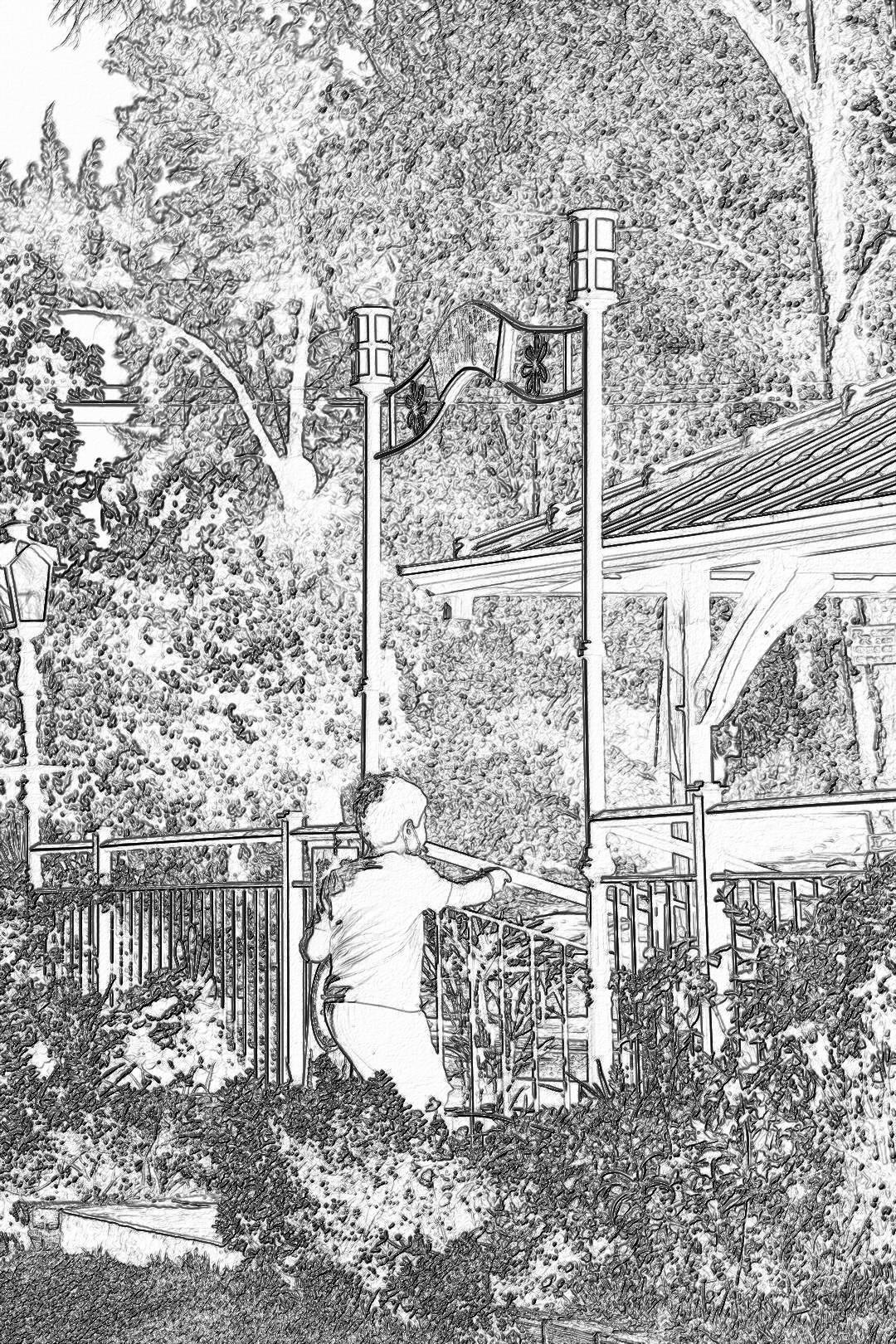 A man is sitting on the edge of an old gazebo in his garden, holding onto two metal pillars and leaning forward to enjoying some grilling meat. The scene includes trees with leaves that block part or all view from behind him, as well as other elements like chairs around it. It’s drawn in black ink, focusing more on capturing the moment than showing detailed features. sketchy style. low detail.