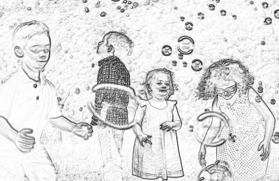 A simple black and white line drawing of children playing with bubbles, joyful expressions, white background. The focus is on the playful interaction between two boys in front holding bubble wands blowing soap bubbles at three young girls standing behind them. They appear to be outdoors or indoors with light concrete walls, and there's an atmosphere of happiness and playfulness. by minimalist style