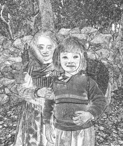 A pencil drawing of two young girls standing in the woods, smiling and holding acorns, one girl has short hair with bangs, the other long blonde curly hair, wearing dresses, background is an old stone wall. in the style of [Robert Bissell](https://goo.gl/search?artist%20Robert%20Bissell), [Mandy Jurgens](https://goo.gl/search?artist%20Mandy%20Jurgens), Jeanne du Maurier, [John Singer Sargent](https://goo.gl/search?artist%20John%20Singer%20Sargent), [James Turrell](https://goo.gl/search?artist%20James%20Turrell), chiaroscuro portraitures, pen & ink sketch, detailed shading, soft lines and shapes, volumetric lighting, black and white pencil drawing, thick strokes, forestpunk, high contrast, bokeh effect.