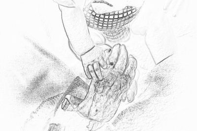 A pencil sketch of the smiling mouth holding hands with someone's hand, in black and white. The background is a blurred photo of an open bag filled with meat against lightcolored fabric. In between them lies a small piece of raw chicken, with its skin partially unibent by one finger. This depiction conveys emotion through body language.