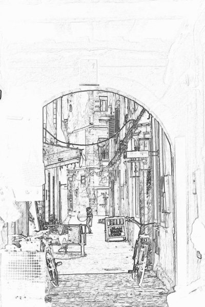 A simple pencil sketch of the Sh DERW_PROTO street in Jerusalem, with an arched archway leading to shops selling furniture and art, drawn by hand using bold lines on white paper. The drawing captures urban life within historic streetscapes. High resolution. No shading or color, just black ink on white background. Simple yet detailed depiction of everyday scenes in historical endless alley.