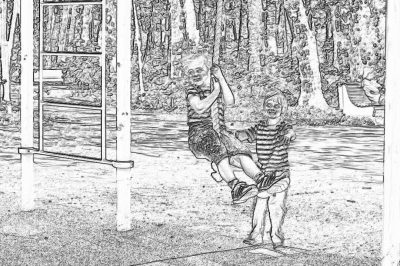 coloring page, two kids playing on monkey bars in the park, thick lines, low detail black and white, no shading, NO SHADING