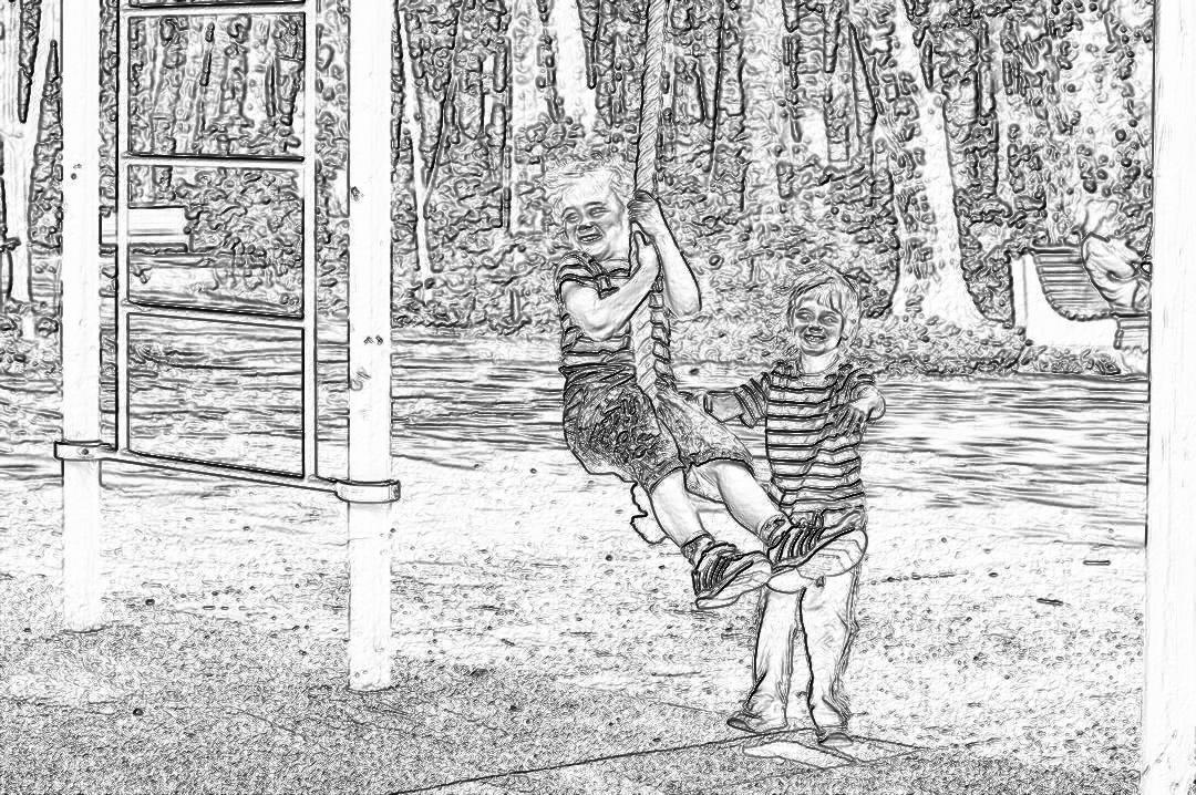 coloring page, two kids playing on monkey bars in the park, thick lines, low detail black and white, no shading, NO SHADING