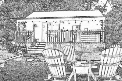 black and white line drawing of backyard with Adirondack chairs, fire pit and small shed