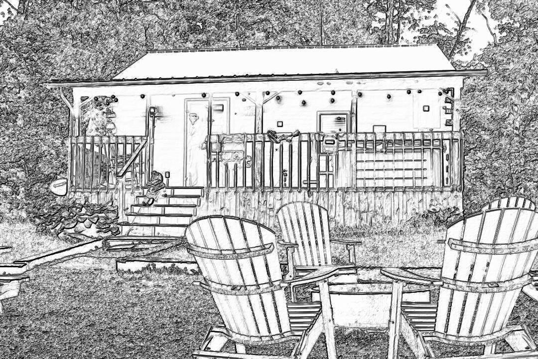 black and white line drawing of backyard with Adirondack chairs, fire pit and small shed