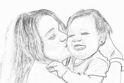 black and white pencil drawing of mom kissing baby, happy baby laughing with its tongue out, background is white, in the style of a coloring page, no shadows on the sides, simple lines, low details, no shading, white paper, zoomed out perspective.