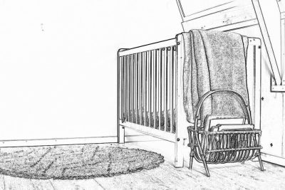 Black and white pencil sketch of an old wooden crib in the corner, with two small baskets on top for children's toys, next to it is carpeted flooring and walls painted in neutral colors. The baby cradle stands against one wall while another chair made from wicker or rattan sits nearby, providing space where kids can play or rest. A blanket hangs over part of the crate, adding cozy charm to their nursery decor.