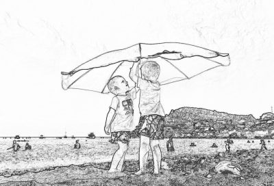 black and white drawing of two children on the beach, one child holding an umbrella above his head to cover another boy from the sun, in the style of a children's book with simple lines, a full body shot with a wide angle view, children playing in the background, white paper background, no shading or color, low detail