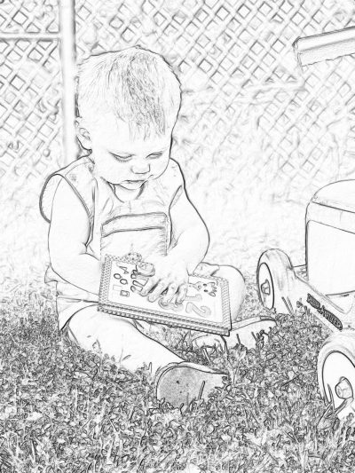 A cute baby playing with an outdoor toy, coloring page for kids in thick black and white lines, no shading or grayscale. The toddler is sitting on the grass near their parents, holding onto his new remote control lawnmower toy. They have happy expressions as they play in the backyard. There is a garden fence visible behind them to create a sense of adventure and fun. It captures the innocence and joy of childhood through simple line art. in the style of minimalist.