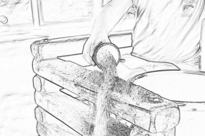 A man is using an electric sander to sand down the wooden box, while water flows from his hand into it. The scene captures him in closeup with only one arm visible and focused on placing wood chips onto of inside log basket. He's wearing white tshirt and jeans . Clean lines, bold black outlines, simple coloring page style. Black & White. No color. High contrast, low detail. by minimalist cartoonist drawing