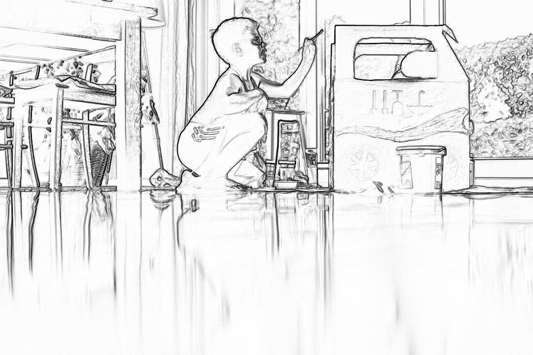 Black and white storyboard sketch of child playing in the kitchen, putting things into an open refrigerator. The floor is reflective glass.