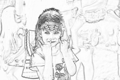 black and white pencil sketch storyboard of a little girl wearing an Egyptian headdress making the shushing gesture with her hand in front of her face, with a blurred background of a children's nursery wall and statue, drawn on paper in simple lines with simple details in the style of a childlike drawing.